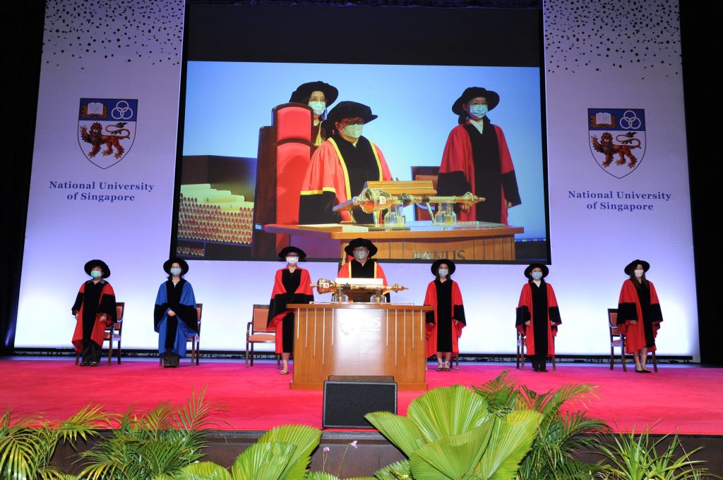 Members of the Official Procession for the Class of 2021 commencement ceremony (From left to right: Dr Celine Liew, A/Prof Gigi Chiu, Ms Chew Ying Ying, Prof Christina Chai, A/Prof Wee Hwee Lin, Dr Yau Wai Ping, Ms Ashley Koh)